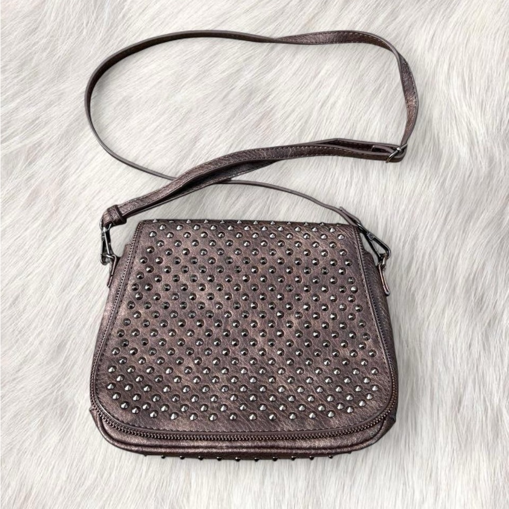 Grunge Studded Crossbody Bag in Metallic Brown